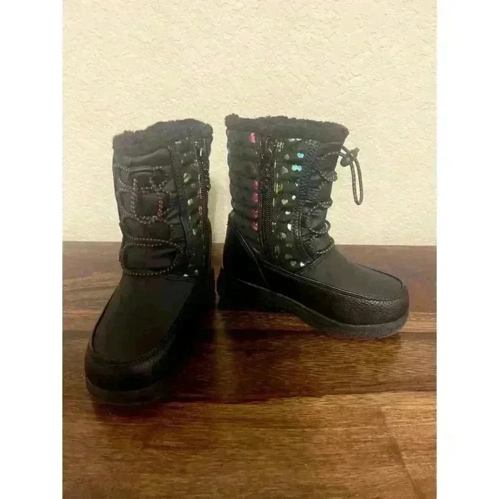 Totes Winter Snow Boots Toddler 8 Black Faux Leather Faux Fur Rainbow Hearts
